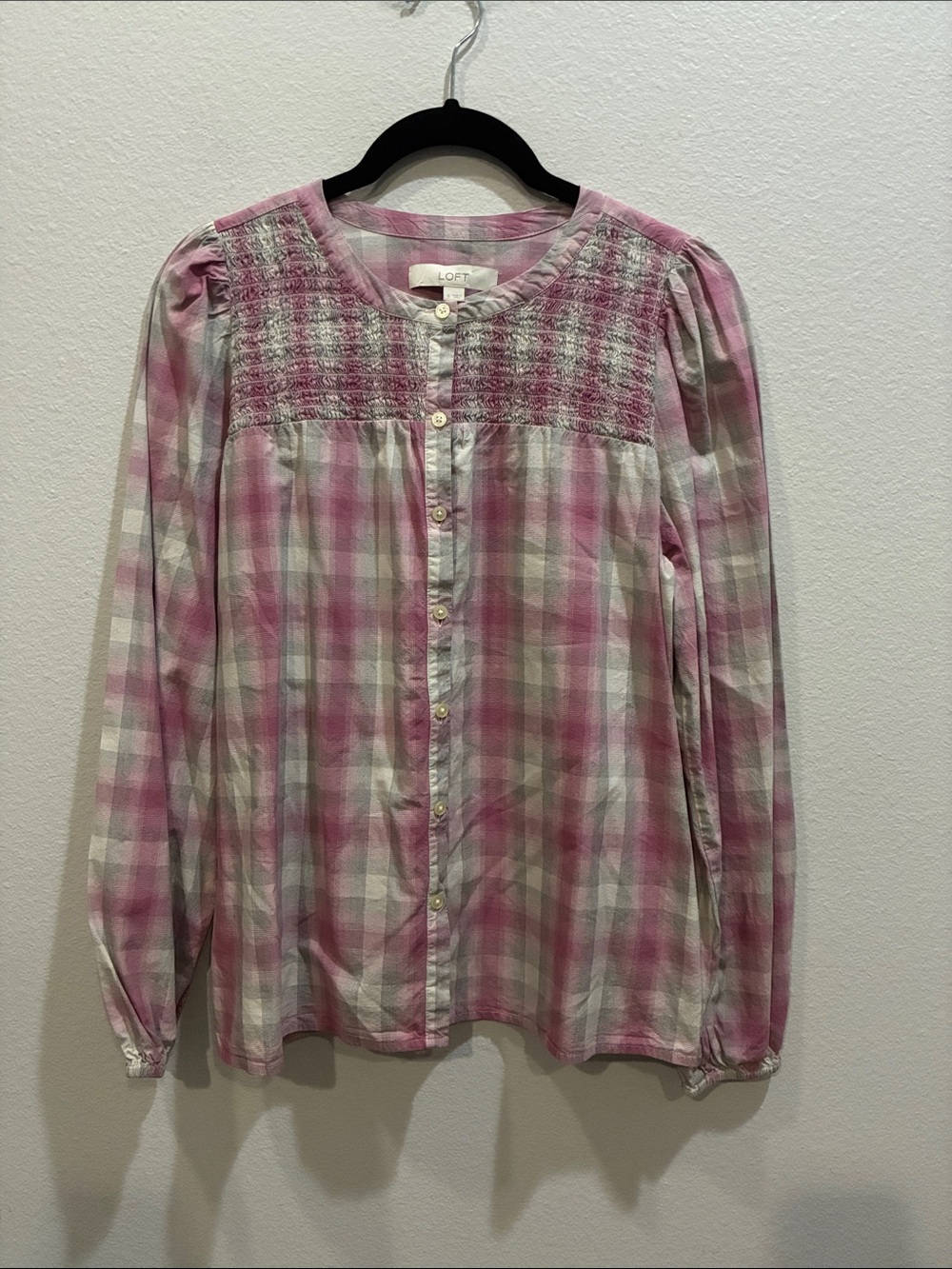 LOFT Pink and Gray Cream Plaid Smocked Button-Front Blouse